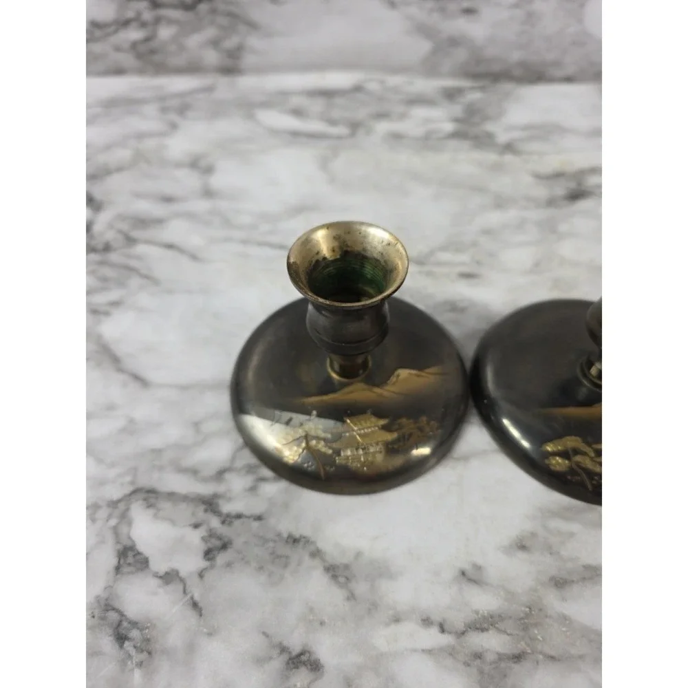 Vtg Pair Japanese brass bud vases featuring an etched pagoda and mountain scene